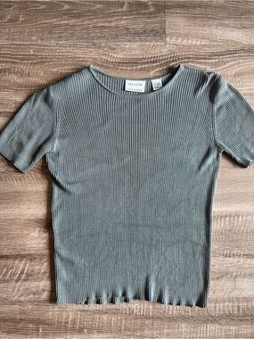 Preview Collection Vintage Silk Ribbed Blouse Women’s Grey Short Sleeve Top